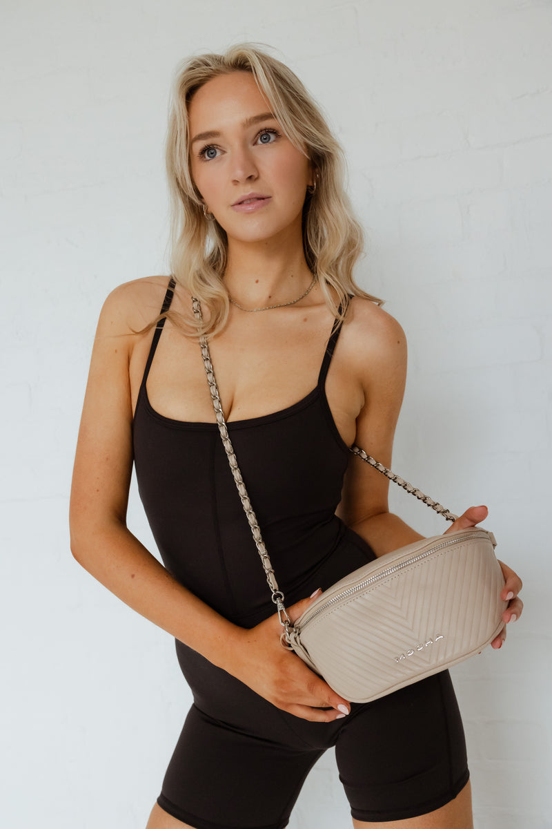 Mocha Chevron Leather Bum Bag- Beige | Mocha Australia