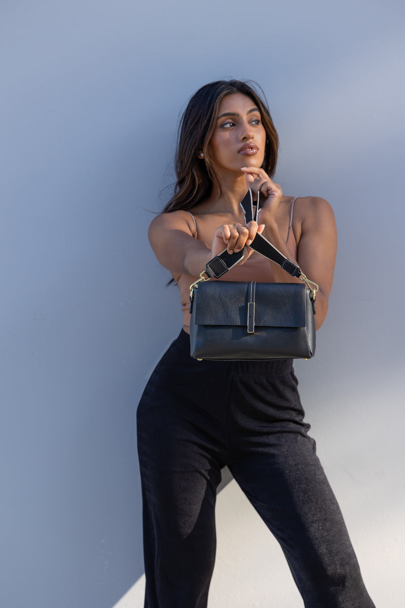 Mocha Lola Flap Leather Crossbody Bag - Black | Mocha Australia