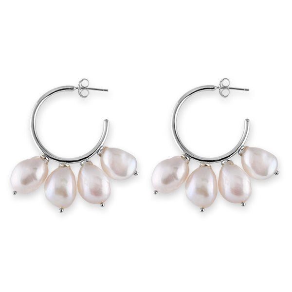 Bianc Sirene Silver Large Multi Fresh Water Pearl Hoop Earrings - Silver