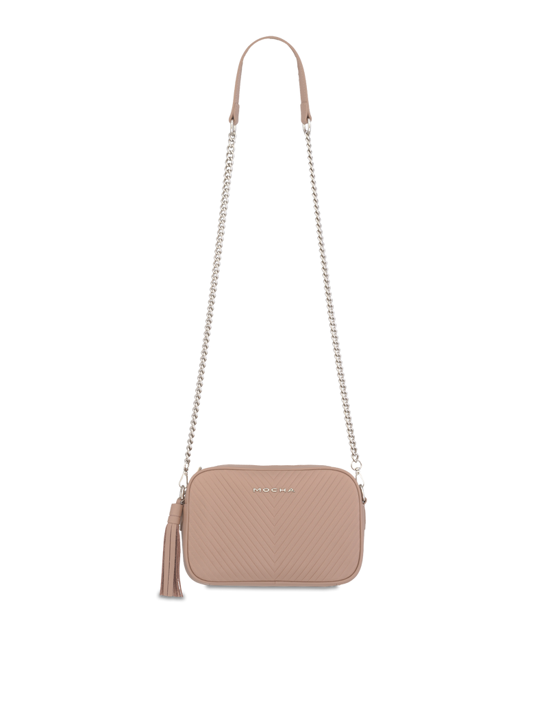 Mocha Chevron Box Leather Crossbody- Taupe | Mocha Australia