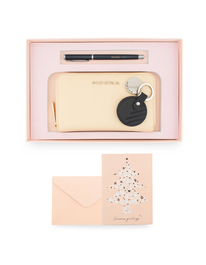 Mocha Gift Pack 6B - Kristin Leather Wallet & Chevron Circle Leather Keyring- Cream | Mocha Australia