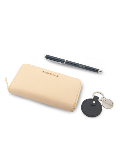 Mocha Gift Pack 6B - Kristin Leather Wallet & Chevron Circle Leather Keyring- Cream | Mocha Australia