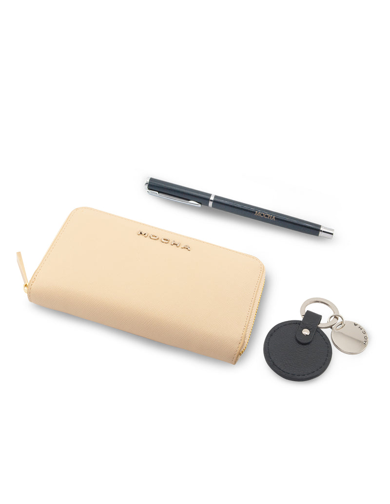Mocha Gift Pack 6B - Kristin Leather Wallet & Chevron Circle Leather Keyring- Cream | Mocha Australia