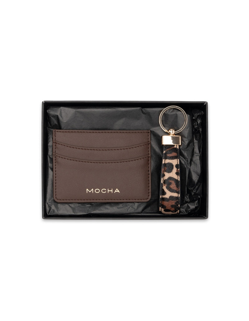 Mocha Gift Pack 1 - Donnette Card Holder & Josephine Keyring - Dark Chocolate/Leopard