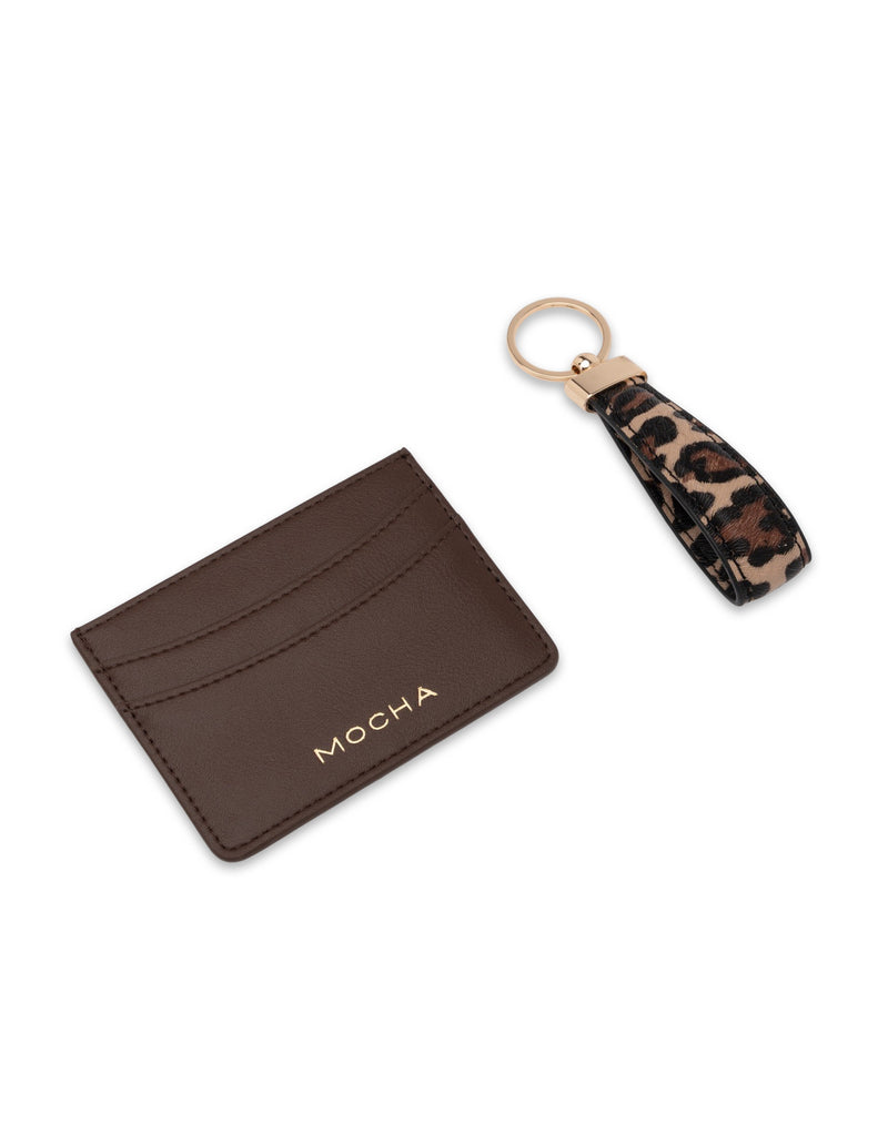Mocha Gift Pack 1 - Donnette Card Holder & Josephine Keyring - Dark Chocolate/Leopard