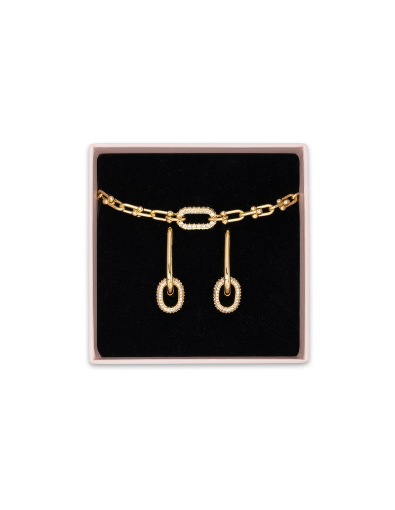 Mocha Gift Pack 12 - Kimberley CZ Chain Bracelet & Haven Double Loop Earring - Light Gold