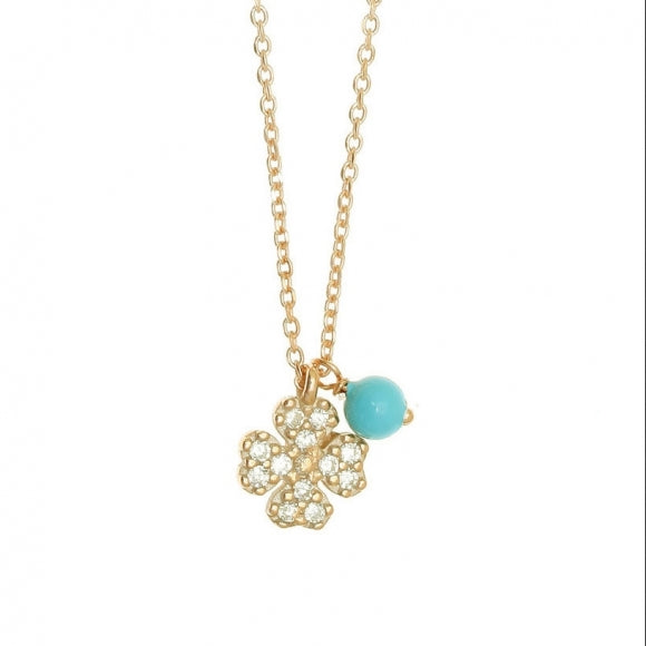 Gregio Simply Me/ Tiny Shiny Yg Necklace w/ Cz Clover & Turquoise Bead - Gold | Mocha Australia