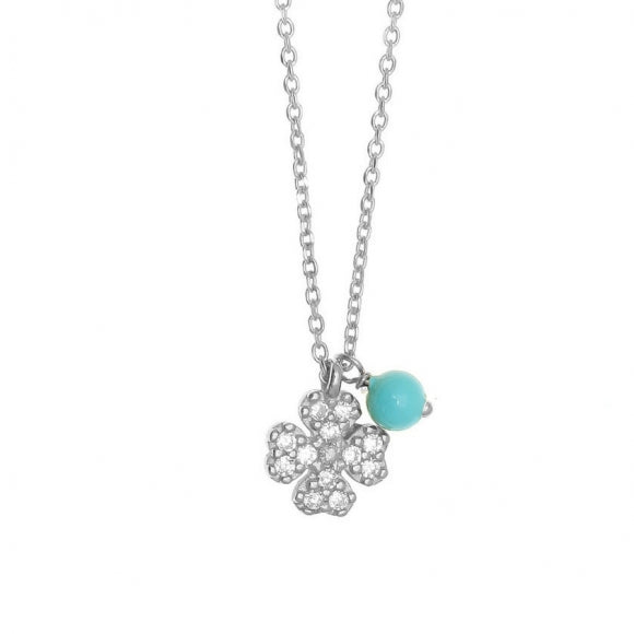 Gregio Simply Me/ Tiny Shiny Yg Necklace w/ Cz Clover & Turquoise Bead - Silver | Mocha Australia