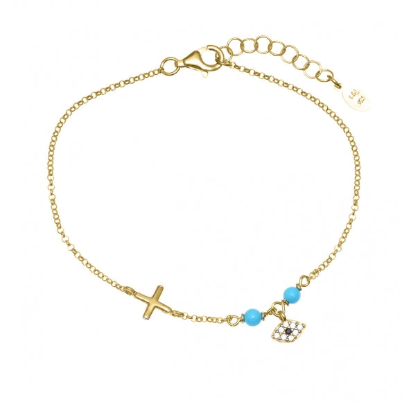 Gregio Simply Me/ Tiny Shiny Yg Bracelet W/ Cross, Cz Evil Eye and Turquoise Beads | Mocha Australia
