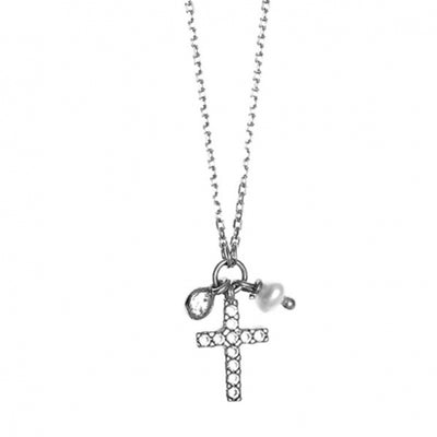 Gregio Simple Me/ Tiny Shiny Necklace w/ Cz Cross and Pearl Charm - Silver | Mocha Australia