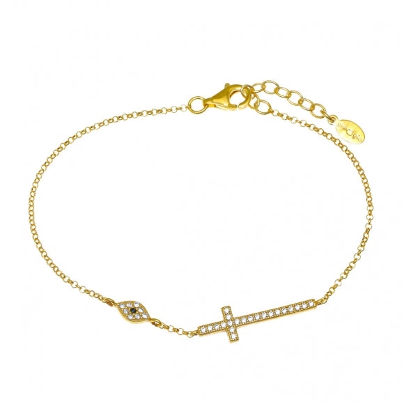 Gregio Simple Me/ Tiny Shiny Yg Bracelet w/ Cz Large Cross & Evil Eye - Gold | Mocha Australia