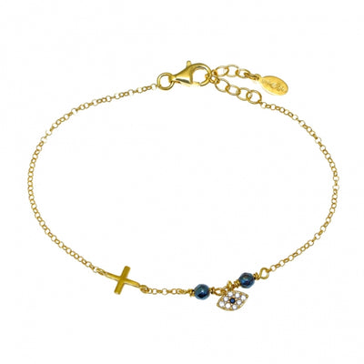 Gregio Bracelet w/ Tiny Cross, CZ Evil Eye and Black Beads - Gold | Mocha Australia