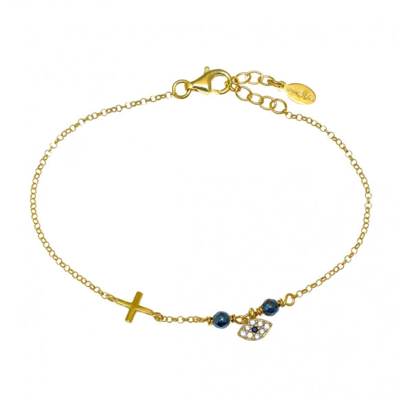 Gregio Bracelet w/ Tiny Cross, CZ Evil Eye and Black Beads - Gold | Mocha Australia