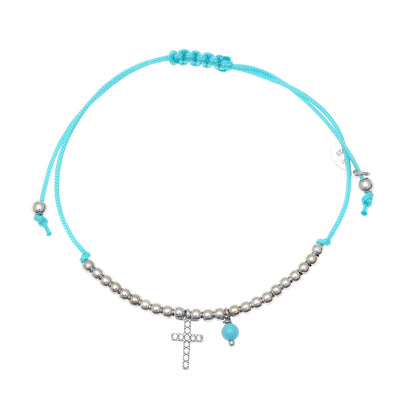 Gregio Tiny Shiny Silver Beaded Blue Cord Bracelet W/ Cz Cross & Turquiose Ball | Mocha Australia
