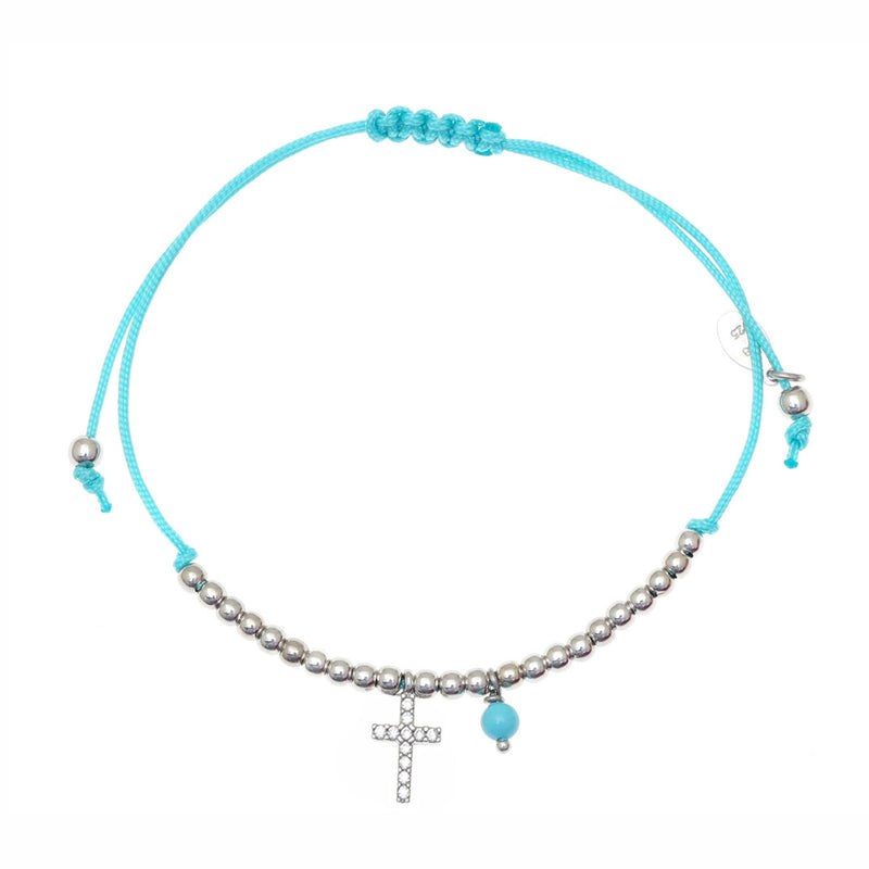 Gregio Tiny Shiny Silver Beaded Blue Cord Bracelet W/ Cz Cross & Turquiose Ball | Mocha Australia