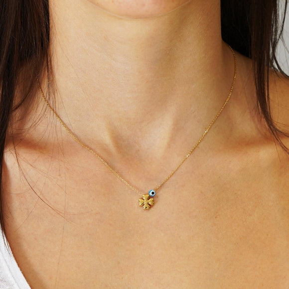 Gregio Simple Me/Tiny Shiny Necklace w/ Clover & Tiny Evil Eye - Gold | Mocha Australia
