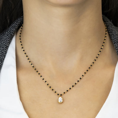 Gregio Simply Me/Tiny Shiny Single Chain Necklace w/ Black Enamel Beads & Cz Pendant- Gold | Mocha Australia