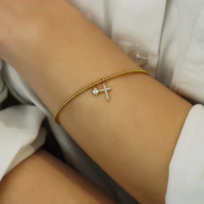 Gregio Beaded Bracelet w/ CZ Cross & CZ Charm - Gold | Mocha Australia