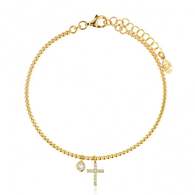 Gregio Beaded Bracelet w/ CZ Cross & CZ Charm - Gold | Mocha Australia