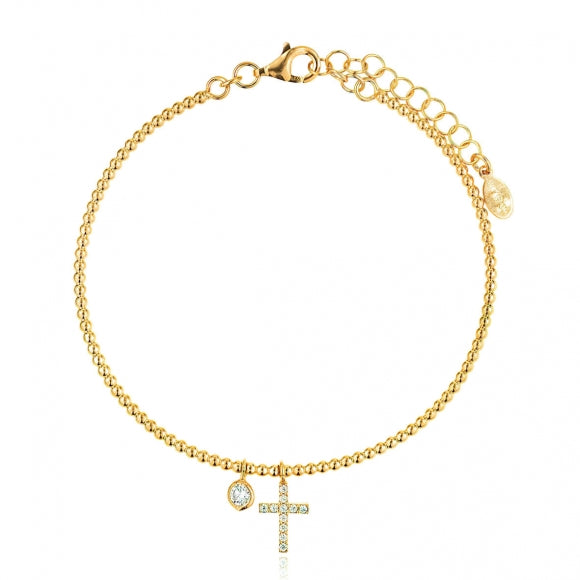 Gregio Beaded Bracelet w/ CZ Cross & CZ Charm - Gold | Mocha Australia