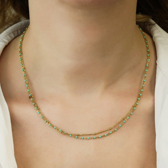 Gregio Simply Me/Tiny Shiny Double Chain Necklace w/ Turquoise Enamel Beads- Gold | Mocha Australia