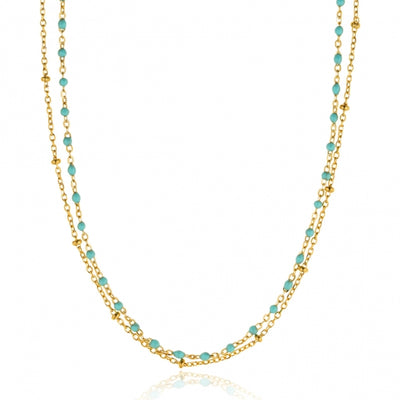 Gregio Simply Me/Tiny Shiny Double Chain Necklace w/ Turquoise Enamel Beads- Gold | Mocha Australia