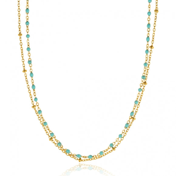 Gregio Simply Me/Tiny Shiny Double Chain Necklace w/ Turquoise Enamel Beads- Gold | Mocha Australia