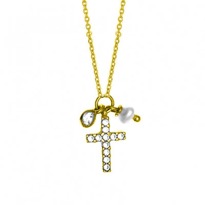 Gregio Simple Me/ Tiny Shiny Yg Necklace w/ Cz Cross and Pearl Charm - Gold | Mocha Australia