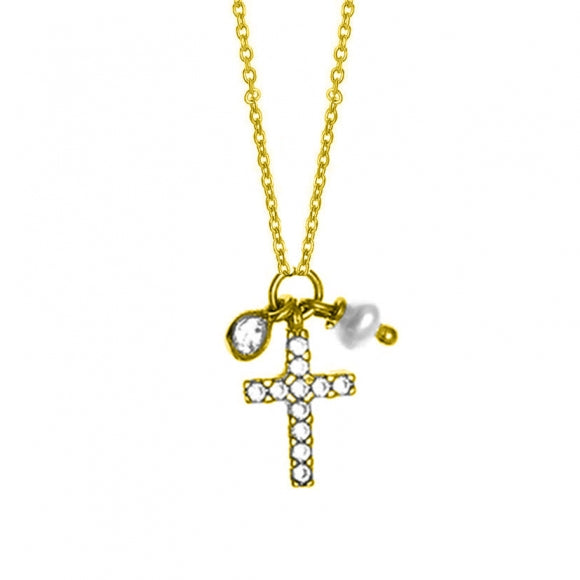 Gregio Simple Me/ Tiny Shiny Yg Necklace w/ Cz Cross and Pearl Charm - Gold | Mocha Australia