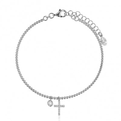 Gregio Beaded Bracelet w/ CZ Cross & CZ Charm - Silver | Mocha Australia