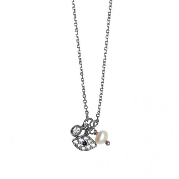 Gregio Simply Me/ Tiny Shiny Necklace w/ Cz Evil Eye and Pearl Charm - Silver | Mocha Australia
