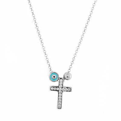 Gregio Tiny Shiny Necklace W/ CZ Cross, Evil Eye & Ball - Silver | Mocha Australia