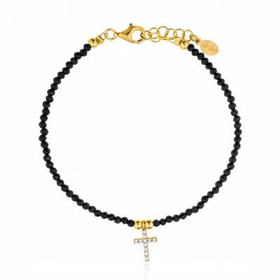 Gregio Simply Me Black Beaded Bracelet w CZ Cross - Gold | Mocha Australia