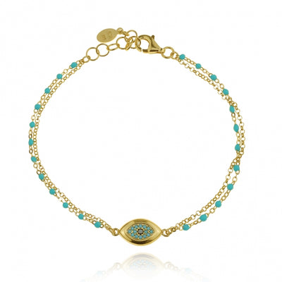 Gregio Wish Luck Double Chain Bracelet w/ Evil Eye & Enamel Beads - Gold | Mocha Australia