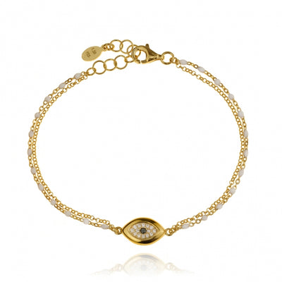 Gregio Wish Luck Double Chain Bracelet w/ Evil Eye & White Enamel Beads - Gold | Mocha Australia