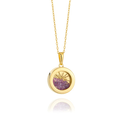 Rachel Jackson Small Deco Sun Amulet Birthstone Necklace Amethyst - Gold | Mocha Australia