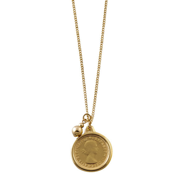 Von Treskow Yg Filled Fine Curb Chain Necklace W/ Authentic Australian 6 Pence Coin & 6mm Yg Filled Ball | Mocha Australia