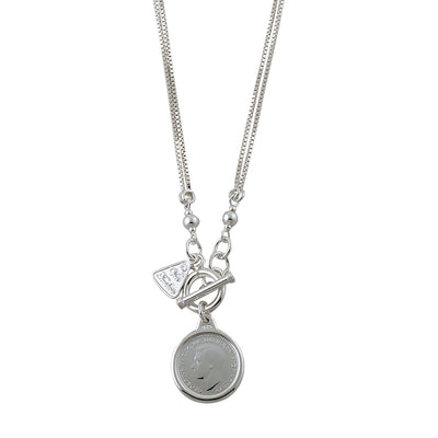 Von Treskow Ss Double Box Chain Necklace W/ Ss 6 Pence Coin- Silver | Mocha Australia