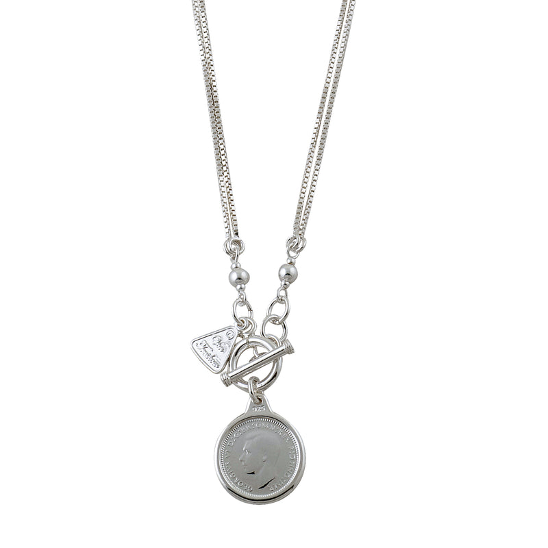 Von Treskow Ss Double Box Chain Necklace W/ Ss 6 Pence Coin- Silver | Mocha Australia