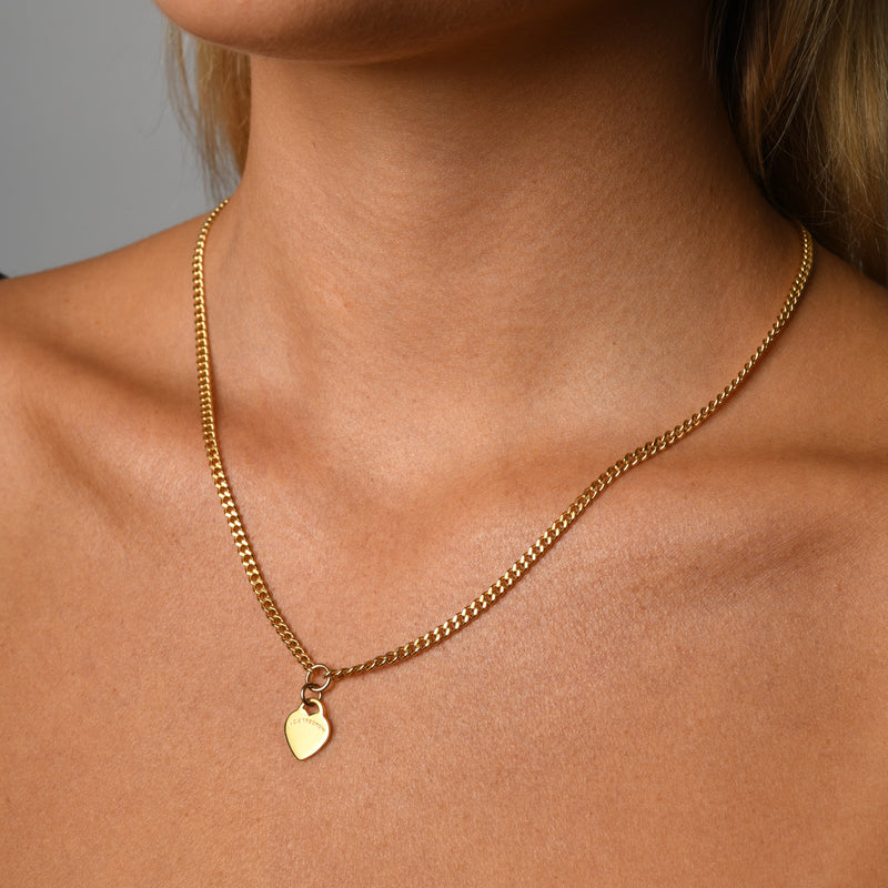 Von Treskow Yg Curb Chain Necklace w/ Mini VT Flat Heart - Gold | Mocha Australia