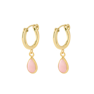 Von Treskow Yg Filled 13mm Lever Hoop Earrings w Pink Pear Opal - Gold | Mocha Australia