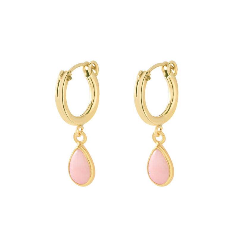 Von Treskow Yg Filled 13mm Lever Hoop Earrings w Pink Pear Opal - Gold | Mocha Australia