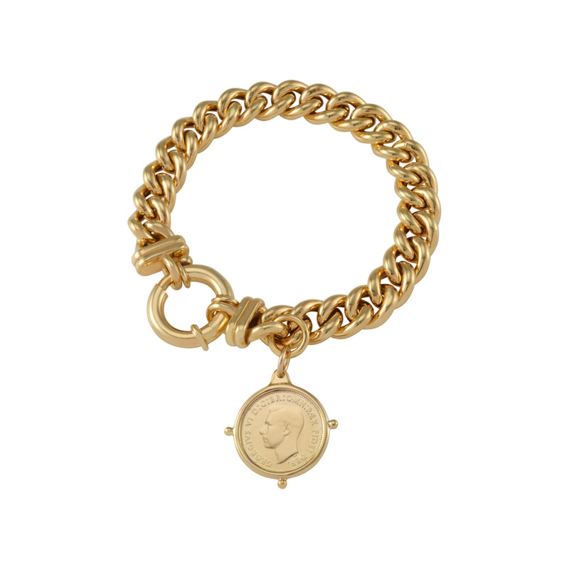 Von Treskow Yg Plated Small Mama Bracelet w/ Authentic Australian Sixpence Coin In Compass Frame | Mocha Australia