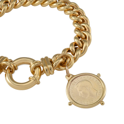 Von Treskow Yg Plated Small Mama Bracelet w/ Authentic Australian Sixpence Coin In Compass Frame | Mocha Australia