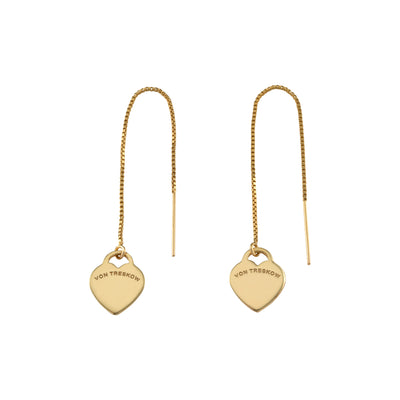 Von Treskow Yg Filled Box Chain Thread Earrings w/ Engraved VT Flat Heart | Mocha Australia