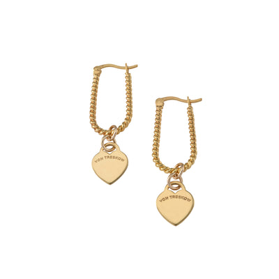 Von Treskow Yg Plated Twisted Long Lever Hoop Earrings w/ Mini Engraved VT Flat Heart | Mocha Australia