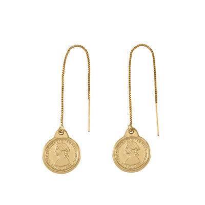 Von Treskow Yg Filled Box Chain Thread Earrings w/ Mini Token Coin | Mocha Australia