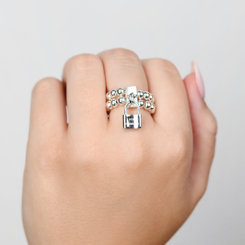 Von Treskow Ss Double Row Stretchy Ring w/ Mini VT Engraved Lock | Mocha Australia