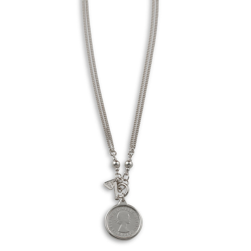 Von Treskow Fine Double Curb Chain Necklace W/ Shilling Coin - Silver