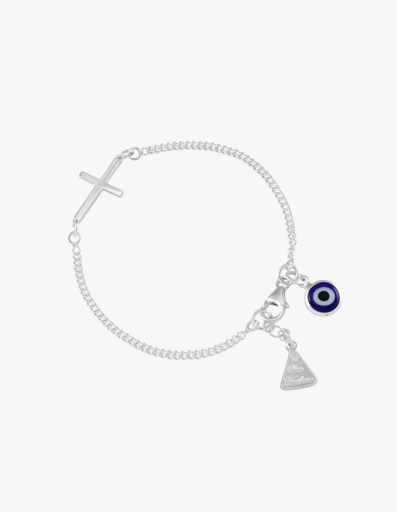 Von Treskow Curb Chain Bracelet w/ Cross Evil Eye - Silver